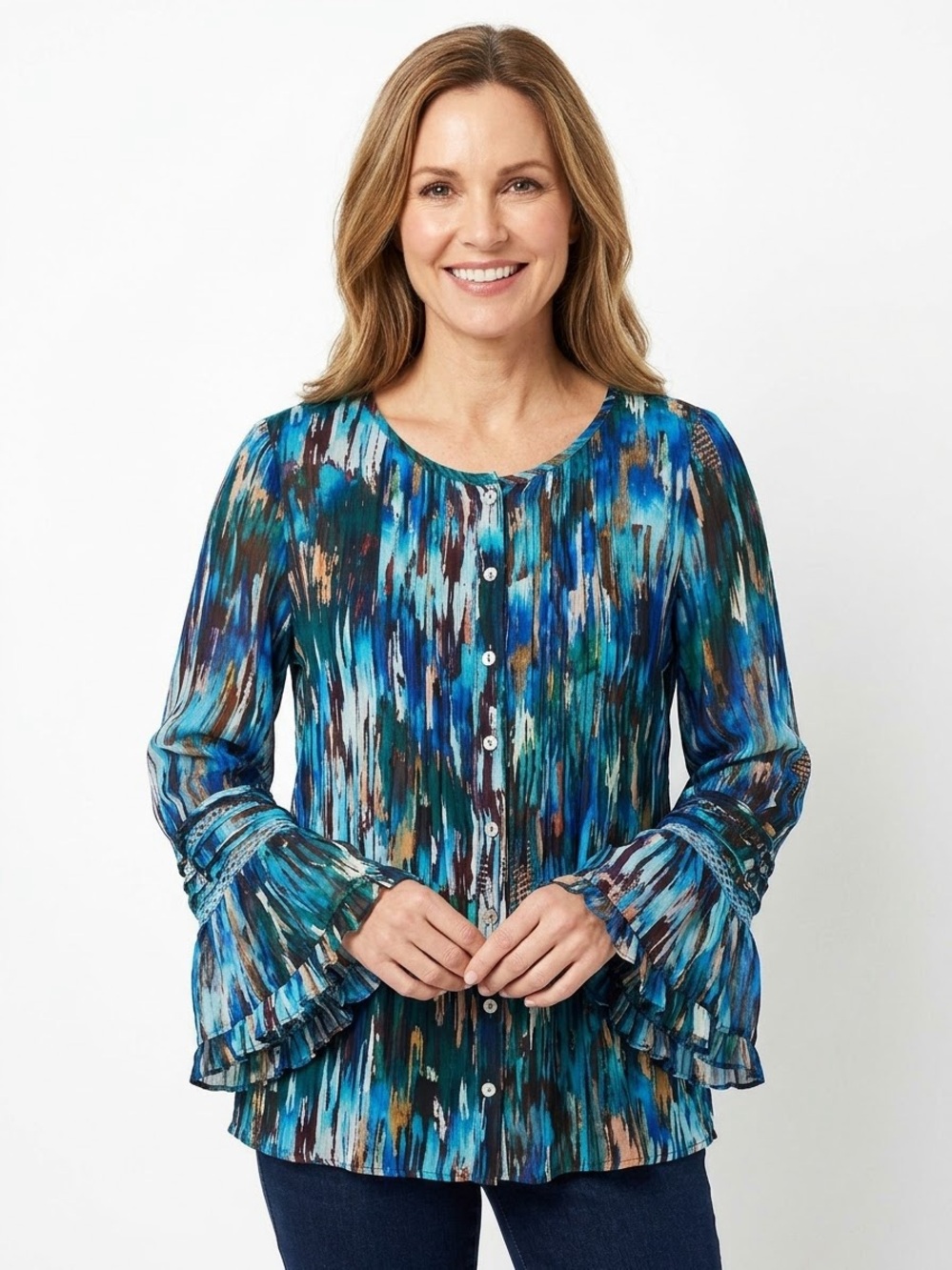 Soft Surroundings Teal and Blue Abstract Button-Front Blouse Bell Sleeves Large